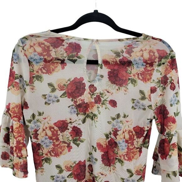 Y2K Blouse XS Cream Blossom Flower Sheer Mesh Tiered Ruffle Sleeve Cottage Core - Picture 10 of 11